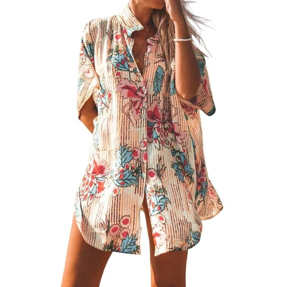 Cupshe Cover Up Shirt Size Large Floral Striped Button Front Top Tropical Beach - Picture 1 of 10